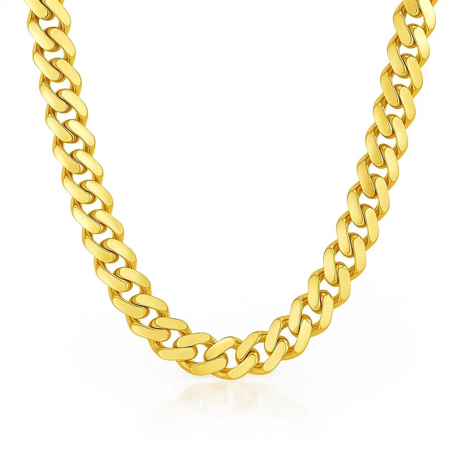14k Yellow Gold Polished Miami Cuban Chain Necklace in a sleek high-contrast midnight luxury editorial style